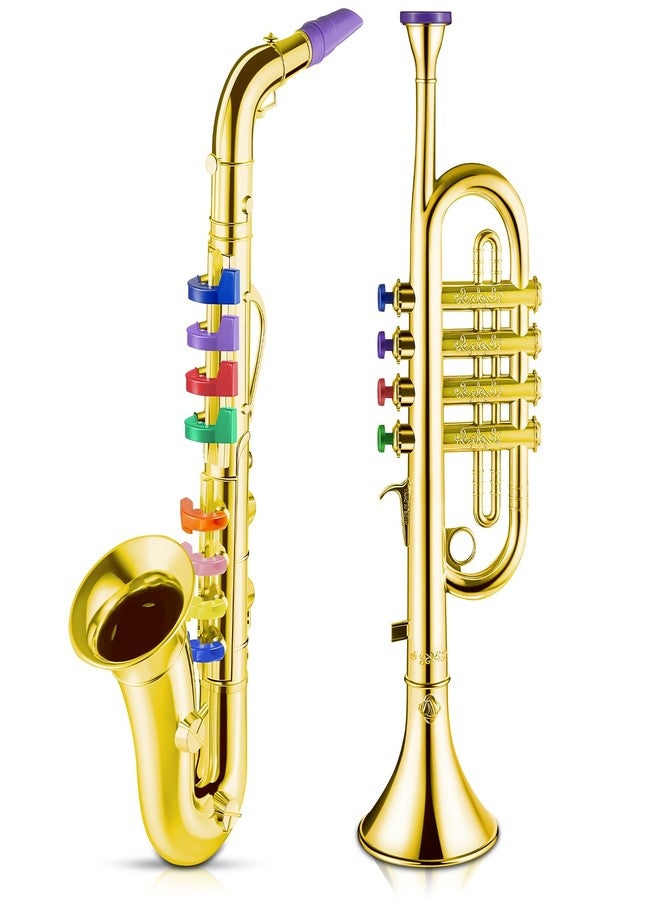 Lewtemi Set of 2 Musical Instruments Include Toy Trumpet and Saxophone Set Plastic Trumpet Educational Toy Home School Music Gift, Color Keys(Gold) - Image 1