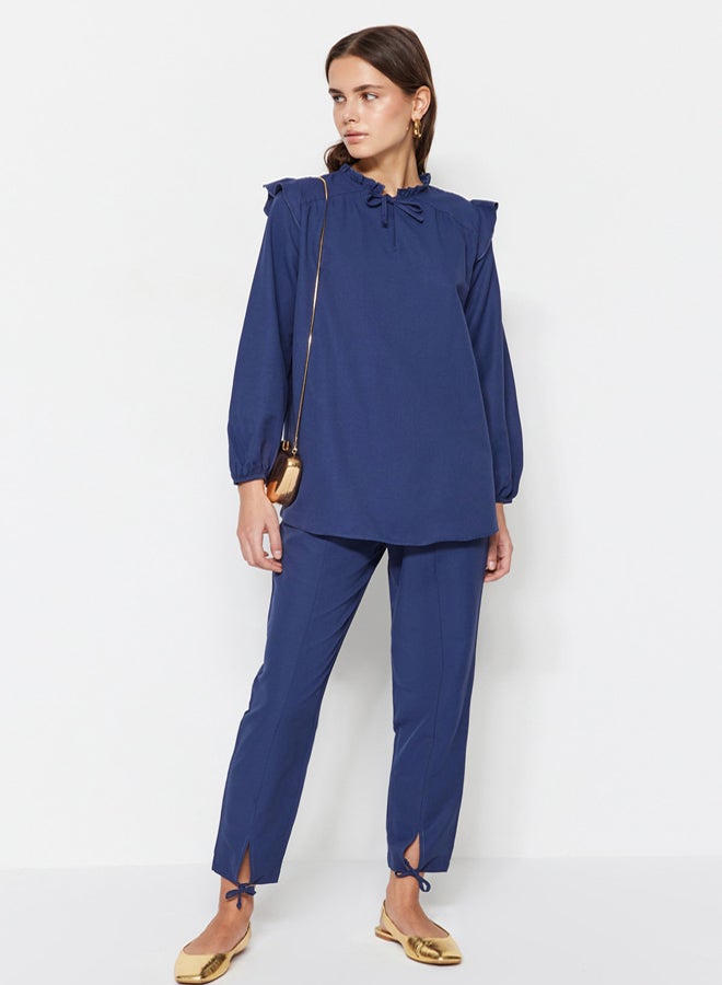 trendyol Navy Blue Denim Look Tunic-Pants Suit TCTSS23US00058 - Image 1