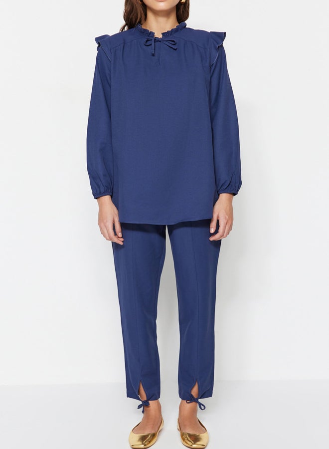 trendyol Navy Blue Denim Look Tunic-Pants Suit TCTSS23US00058 - Image 2