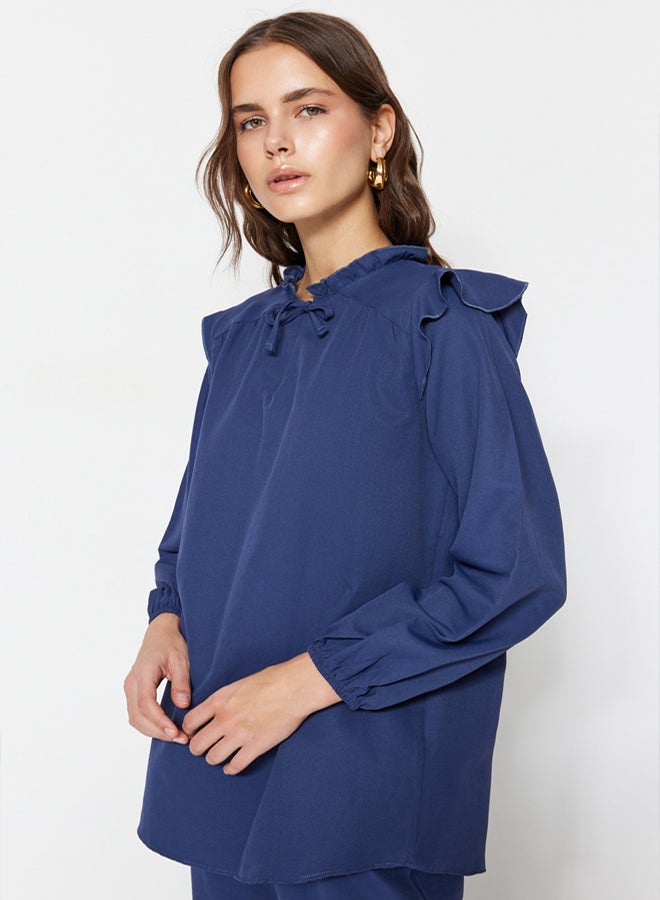 trendyol Navy Blue Denim Look Tunic-Pants Suit TCTSS23US00058 - Image 3