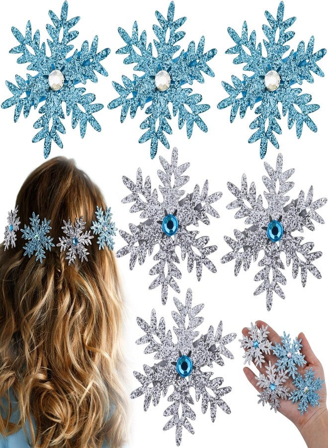 OIIKI 6pcs Large Snowflake Hair Clips, Sparkly Snowflakes Barrettes for Women, Non-Slip Clip Winter Christmas Cosplay Frozen Hair Accessories for Long Short Thin Thick Hairstyles- Blue & Silver - Image 1