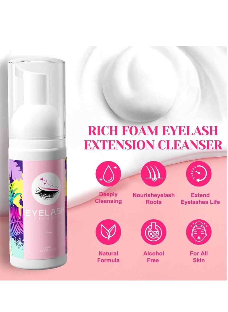 Buqikma Buqikma Lash Shampoo 60ML - Lash Cleaning Kit Gentle Eyelash Extension Cleanser with Lash Fan Rinse Bottle Mascara Brushes Rich Foam Lash Shampoo Kit for Salon Lash Extension & Home Lash Bath(Pink)  - Image 2
