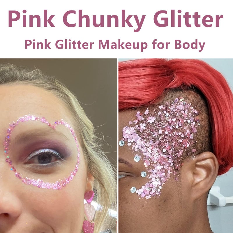 Go Ho Pink Face Body Glitter Gel,Singer Concerts Pink Face Paint Makeup Holographic Chunky Sequins Glitters for Lip/Hair/Nails,Music Disco Outfit for Woman,Festival Rave Accessories,52g - Image 3