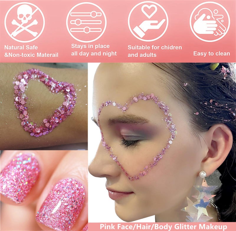 Go Ho Pink Face Body Glitter Gel,Singer Concerts Pink Face Paint Makeup Holographic Chunky Sequins Glitters for Lip/Hair/Nails,Music Disco Outfit for Woman,Festival Rave Accessories,52g - Image 2