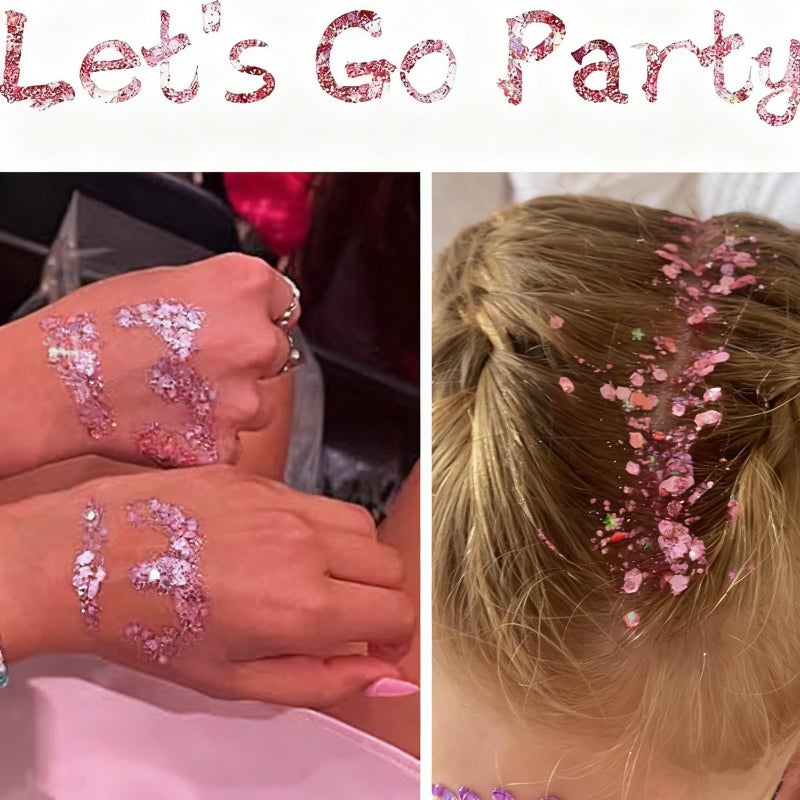 Go Ho Pink Face Body Glitter Gel,Singer Concerts Pink Face Paint Makeup Holographic Chunky Sequins Glitters for Lip/Hair/Nails,Music Disco Outfit for Woman,Festival Rave Accessories,52g - Image 4