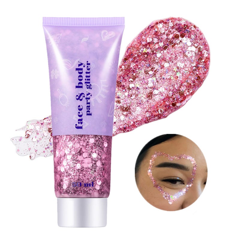 Go Ho Pink Face Body Glitter Gel,Singer Concerts Pink Face Paint Makeup Holographic Chunky Sequins Glitters for Lip/Hair/Nails,Music Disco Outfit for Woman,Festival Rave Accessories,52g - Image 1