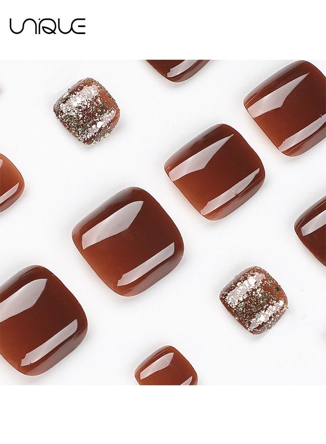 Unique 24 Pcs Toenails Square Short Full Cover Fake Toenails - Coffee-colored shiny fake nails - Fake Nails With Glue Sticker and Nail File Fake Gel Toe Nail Tips Set for Female Yeen Girls - Image 2