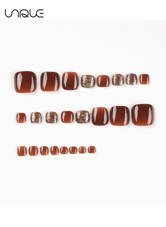 Unique 24 Pcs Toenails Square Short Full Cover Fake Toenails - Coffee-colored shiny fake nails - Fake Nails With Glue Sticker and Nail File Fake Gel Toe Nail Tips Set for Female Yeen Girls - Image 4