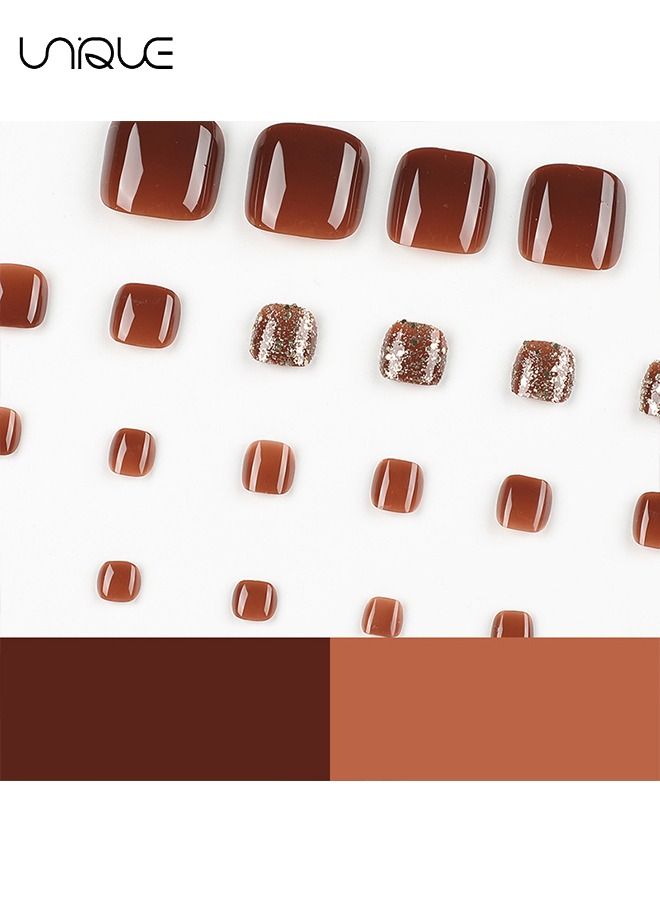 Unique 24 Pcs Toenails Square Short Full Cover Fake Toenails - Coffee-colored shiny fake nails - Fake Nails With Glue Sticker and Nail File Fake Gel Toe Nail Tips Set for Female Yeen Girls - Image 3