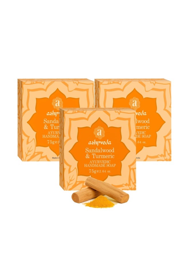 Ashpveda Sandalwood and Turmeric Soap for Bath | Ayurvedic Handmade Natural Scented Premium Bathing Soap for Glowing & Moisturizing Skin (75 gm) (Pack of 3) - Image 1