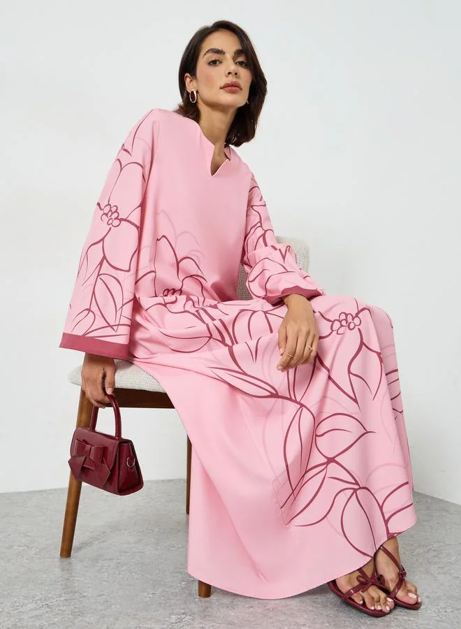 Pink Floral Print A-Line Jalabiya