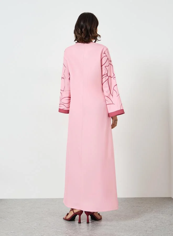 Amirah Pink Pink Floral Print A-Line Jalabiya for Women | Best Price UAE