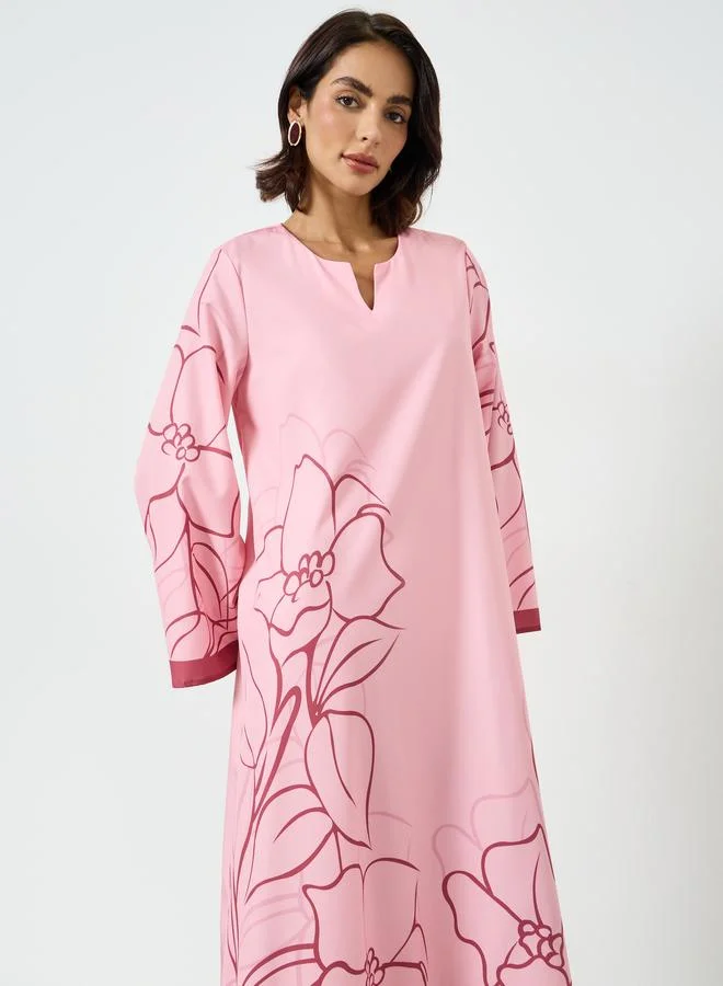 Amirah Pink Pink Floral Print A-Line Jalabiya for Women | Best Price UAE