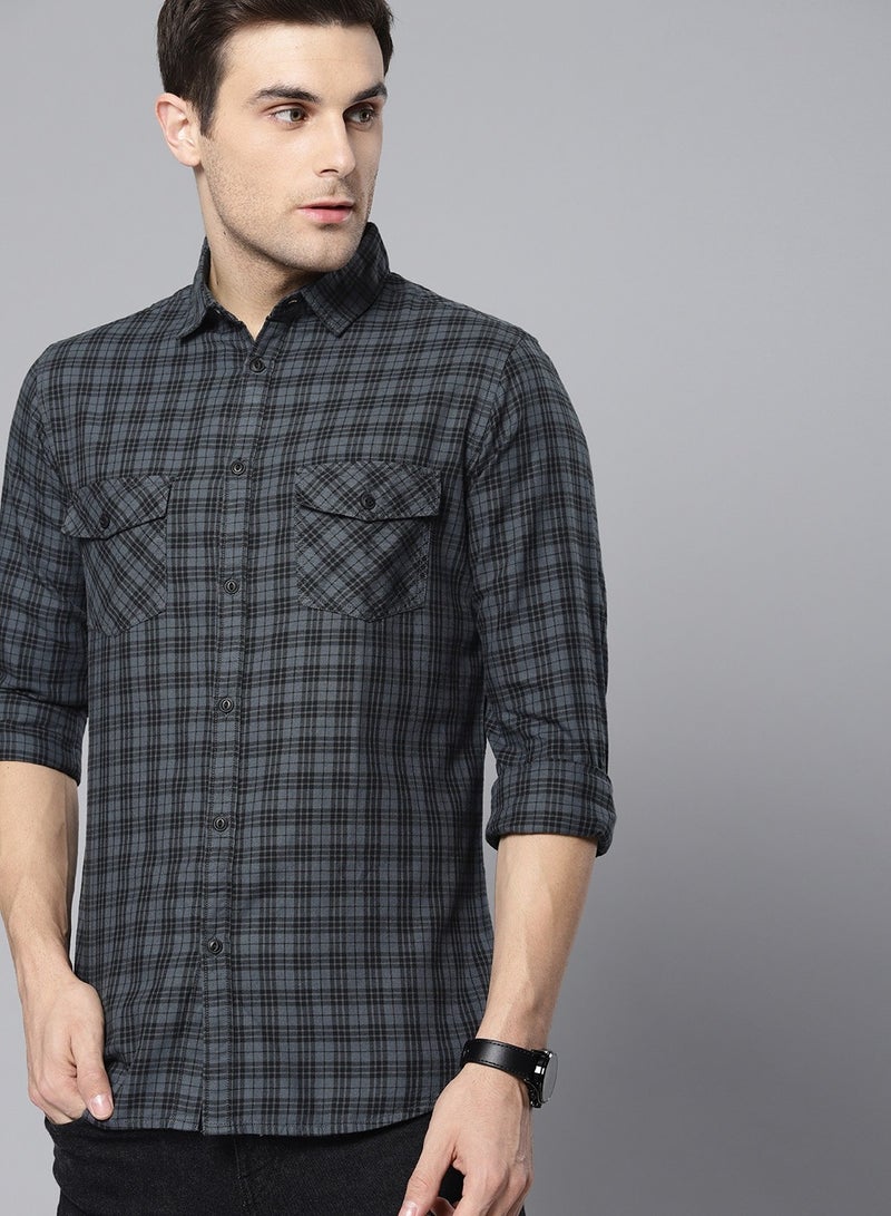 Dennis Lingo Men's Slim Fit Grey Casual Cotton Spread Shirt - Image 1