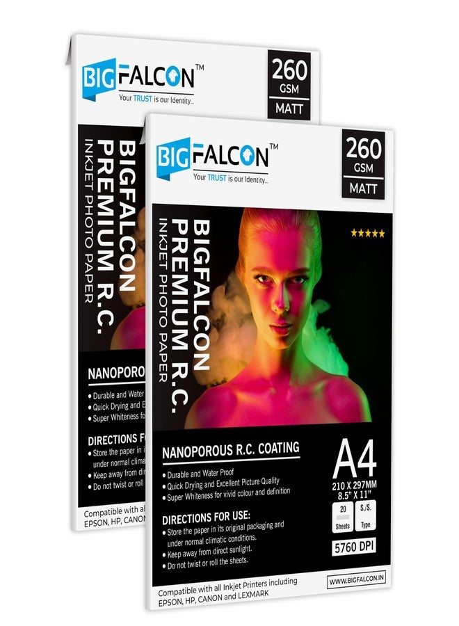BIGFALCON Premium MATT Photo Paper 260 GSM A4 Size (210x297mm) RC Resin Coated Water proof Inkjet Photo Paper 40 Sheets for all Inkjet Printer - Image 1