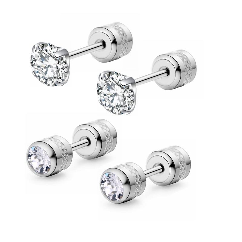 CVAYU Hypoallergenic double sided diamond Stud Earrings For Womens Secure Safety Screw back Cartilage CZ Stud Earrings (4mm Steel (2 Pairs)) - Image 1