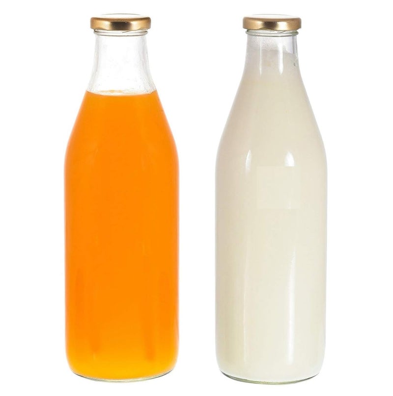 Pure Source India 1 Litre Glass Bottle with Gold Metal Lid – Reusable, BPA-Free, Leak-Proof Beverage & Milk Storage Container (Set of 2) - Image 1