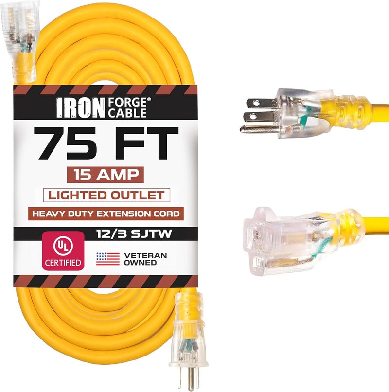 IRON FORGE CABLE 75 Foot Lighted Outdoor Extension Cord - 12/3 SJTW Heavy Duty Yellow Extension Cable with 3 Prong 15 AMP Grounded Plug for Safety - Image 1