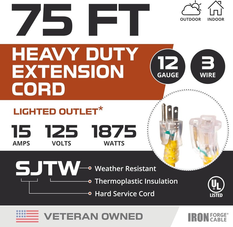 IRON FORGE CABLE 75 Foot Lighted Outdoor Extension Cord - 12/3 SJTW Heavy Duty Yellow Extension Cable with 3 Prong 15 AMP Grounded Plug for Safety - Image 3