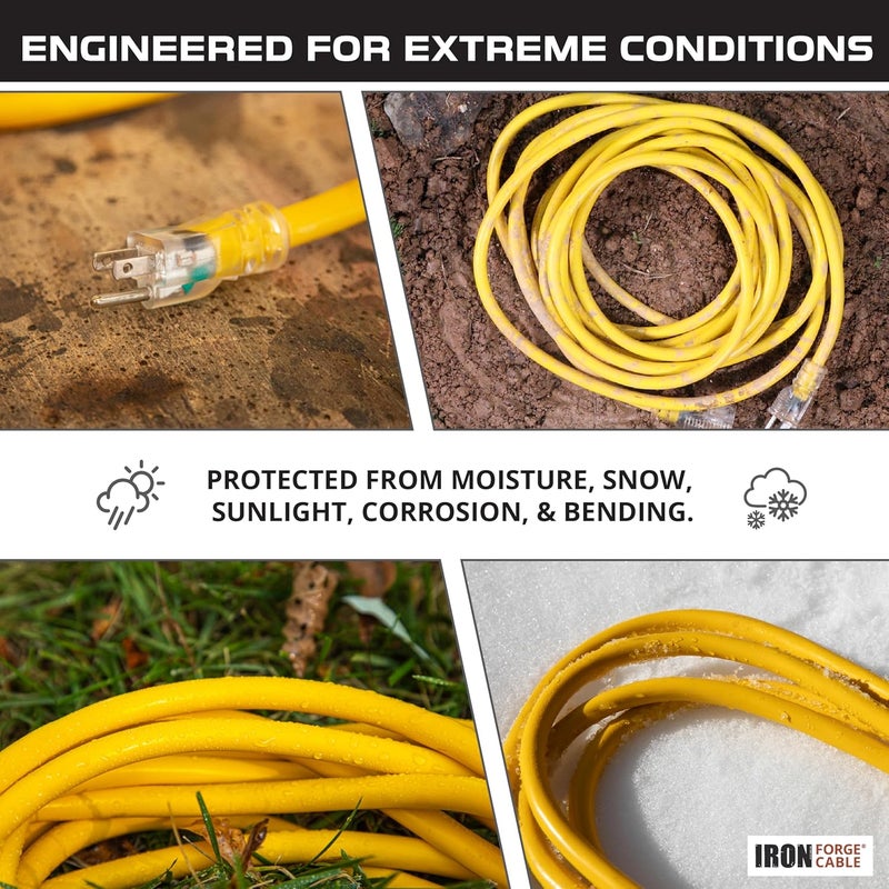 IRON FORGE CABLE 75 Foot Lighted Outdoor Extension Cord - 12/3 SJTW Heavy Duty Yellow Extension Cable with 3 Prong 15 AMP Grounded Plug for Safety - Image 4
