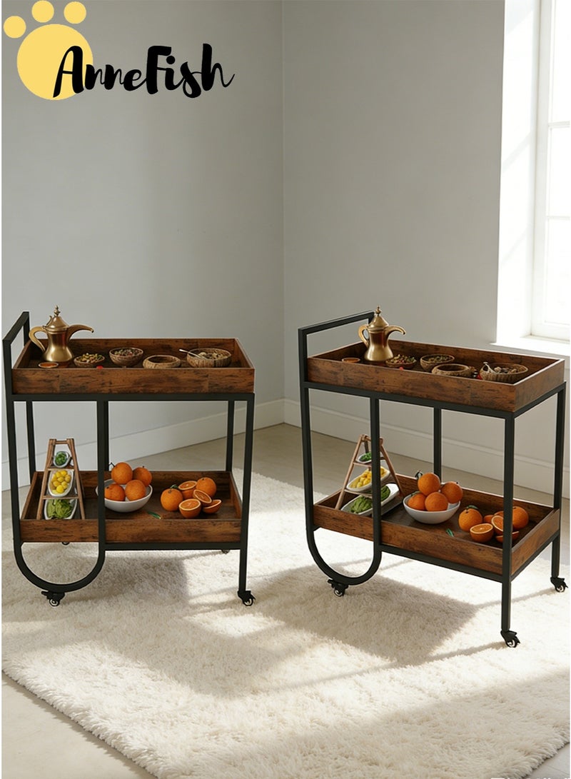 آن فش عربة تقديم طعام متنقلة من قطعتين، ذات طبقتين، بأرجل فولاذية على شكل حرف U، مزودة بعجلات وأرفف تخزين، ومزودة بحواجز مرتفعة لمنع الانقلاب، مناسبة للمطبخ وغرفة الطعام وغرفة المعيشة. - Image 1