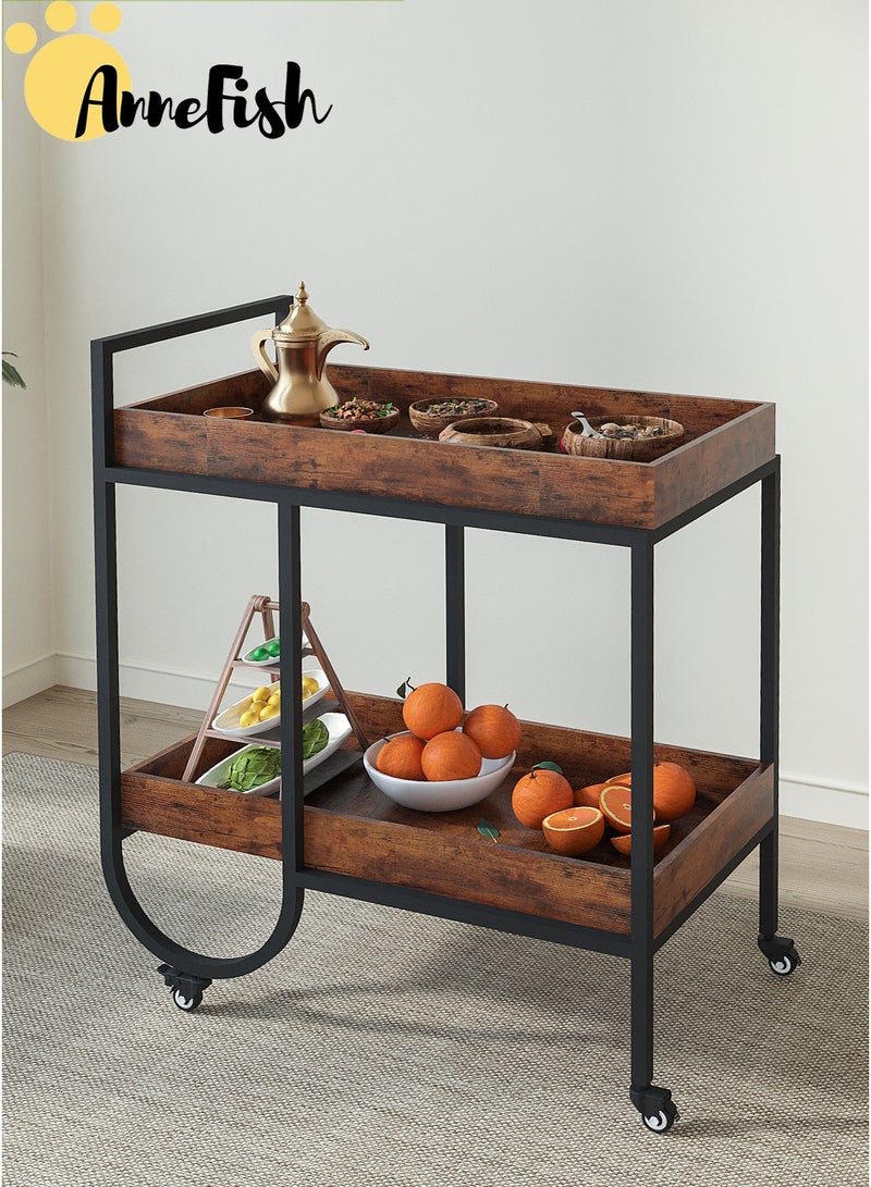 آن فش عربة تقديم طعام متنقلة من قطعتين، ذات طبقتين، بأرجل فولاذية على شكل حرف U، مزودة بعجلات وأرفف تخزين، ومزودة بحواجز مرتفعة لمنع الانقلاب، مناسبة للمطبخ وغرفة الطعام وغرفة المعيشة. - Image 2