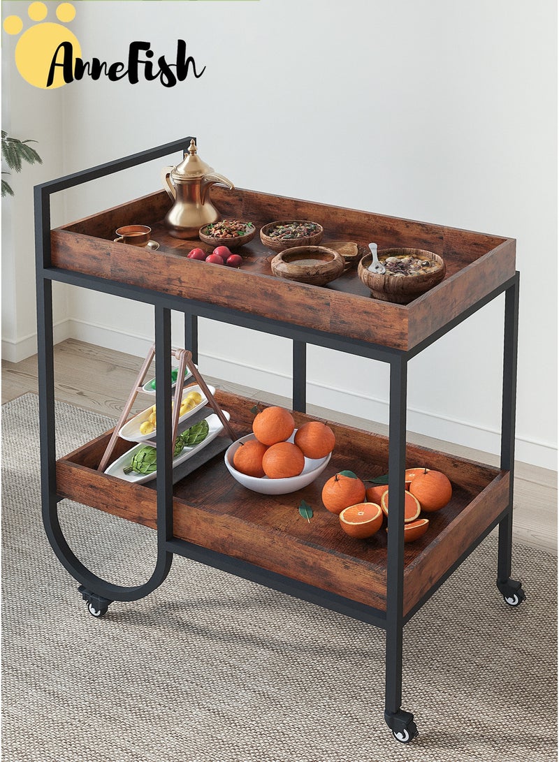 آن فش عربة تقديم طعام متنقلة من قطعتين، ذات طبقتين، بأرجل فولاذية على شكل حرف U، مزودة بعجلات وأرفف تخزين، ومزودة بحواجز مرتفعة لمنع الانقلاب، مناسبة للمطبخ وغرفة الطعام وغرفة المعيشة. - Image 3