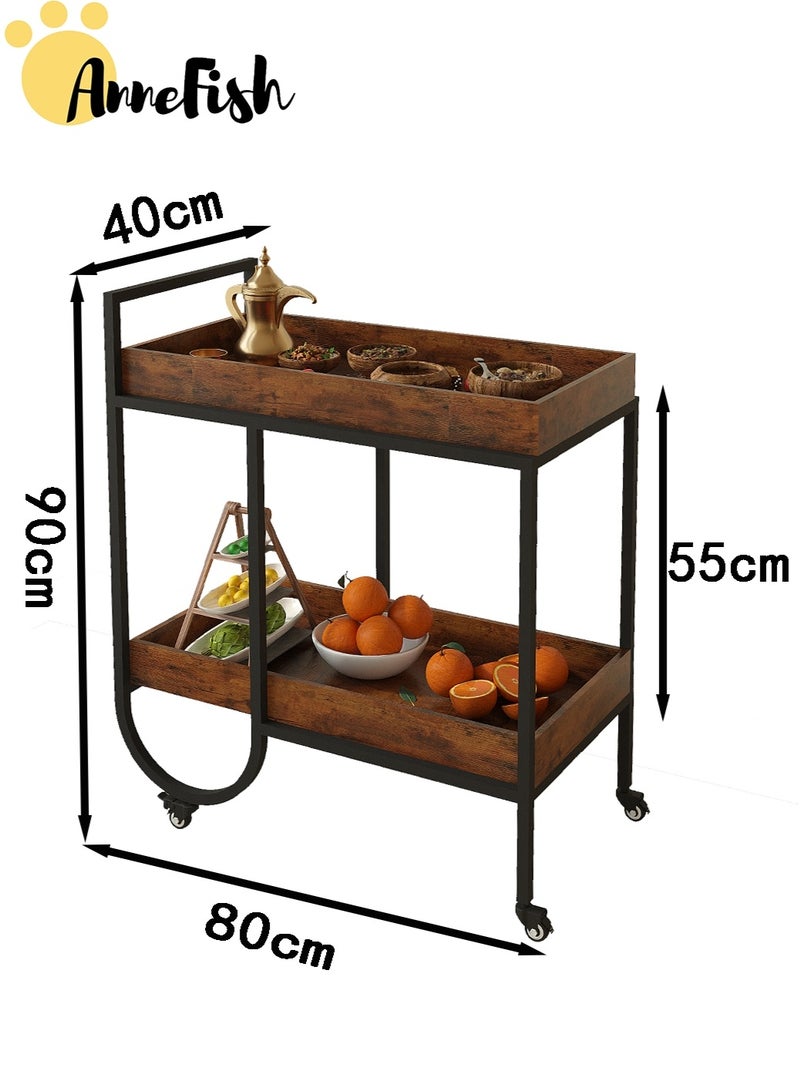 آن فش عربة تقديم طعام متنقلة من قطعتين، ذات طبقتين، بأرجل فولاذية على شكل حرف U، مزودة بعجلات وأرفف تخزين، ومزودة بحواجز مرتفعة لمنع الانقلاب، مناسبة للمطبخ وغرفة الطعام وغرفة المعيشة. - Image 5