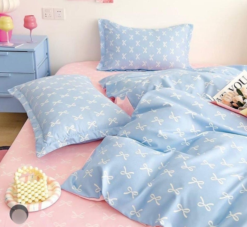 Generic Floor Home Bow Pattern Duvet Cover Set, Double Sided Blue and Pink, Cotton Material, 220x240 cm, Modern Style, 3 Piece Bedding Set with Zipper Closure (Blue)
