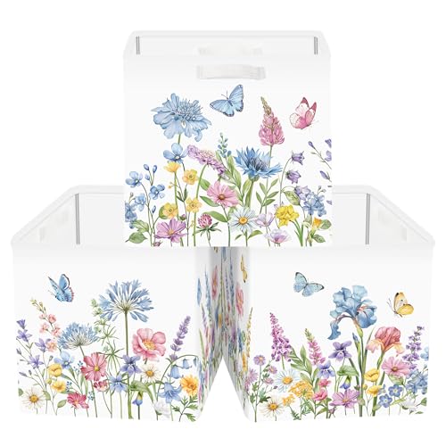 Clastyle Flowers Storage Cube Organizer Set Handle Closet Clothes Cube with Metal Frame Foldable Parents Organizer Storage Basket for Book ToyBlue Flowers118x118x118 in - Image 1