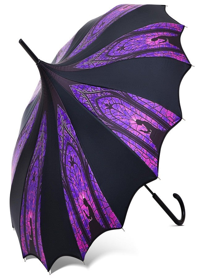 Queekay Halloween Pagoda Umbrella Purple and Black Stained Glass Gothic Umbrella Waterproof Windproof UV Protection Parasol for Halloween, Birthday Gift - Image 1