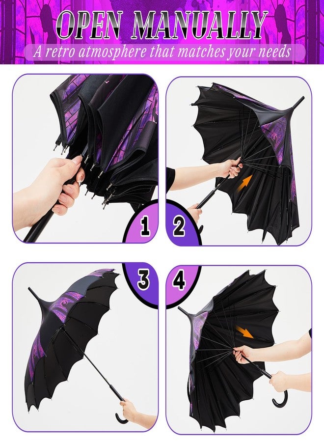 Queekay Halloween Pagoda Umbrella Purple and Black Stained Glass Gothic Umbrella Waterproof Windproof UV Protection Parasol for Halloween, Birthday Gift - Image 4