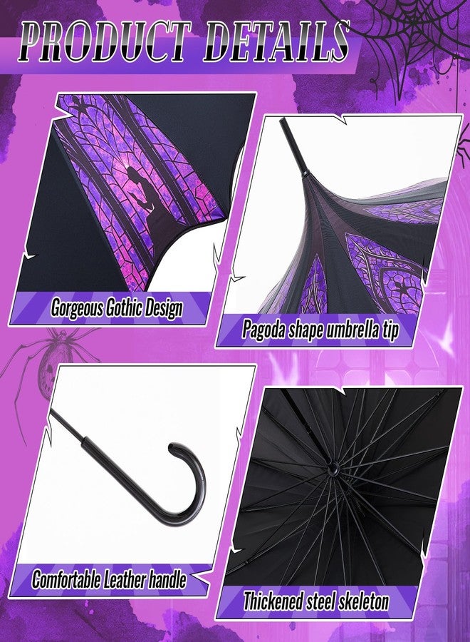 Queekay Halloween Pagoda Umbrella Purple and Black Stained Glass Gothic Umbrella Waterproof Windproof UV Protection Parasol for Halloween, Birthday Gift - Image 3