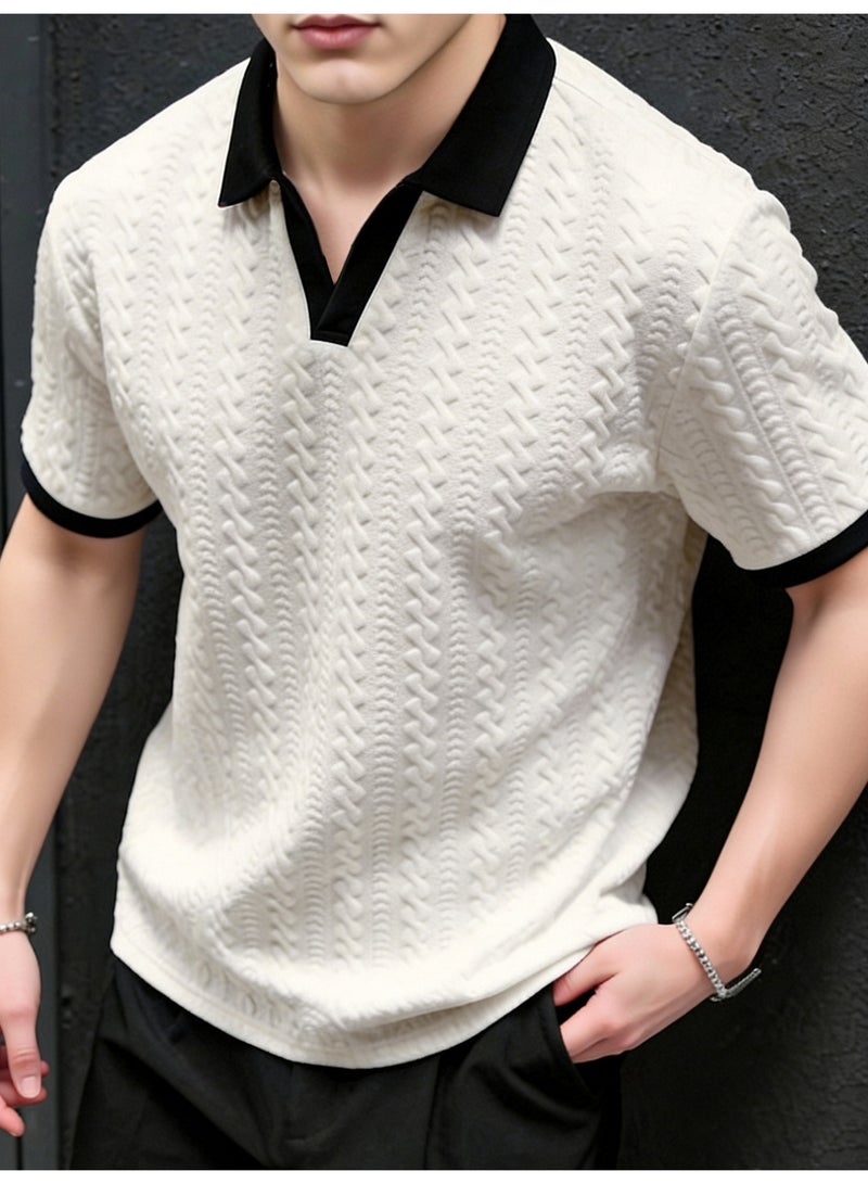 Men's White Textured Knit Polo Shirt Short Sleeve Contrast V-Neck Collar Casual Top - Image 1