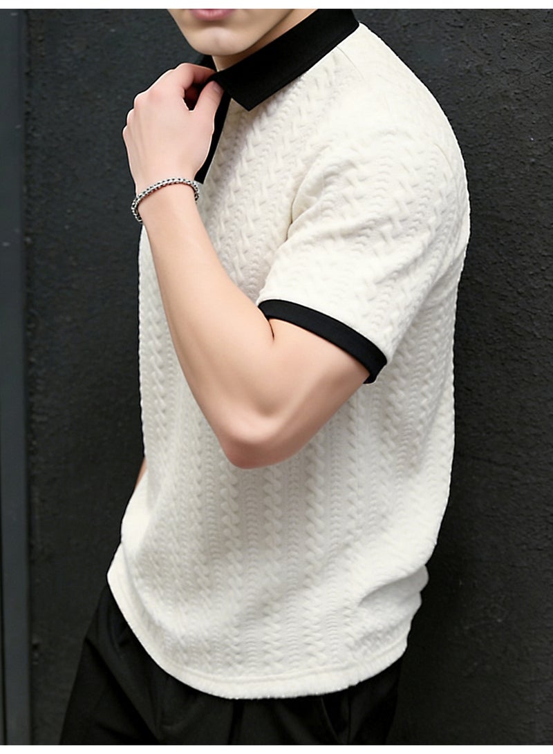 Men's White Textured Knit Polo Shirt Short Sleeve Contrast V-Neck Collar Casual Top - Image 3