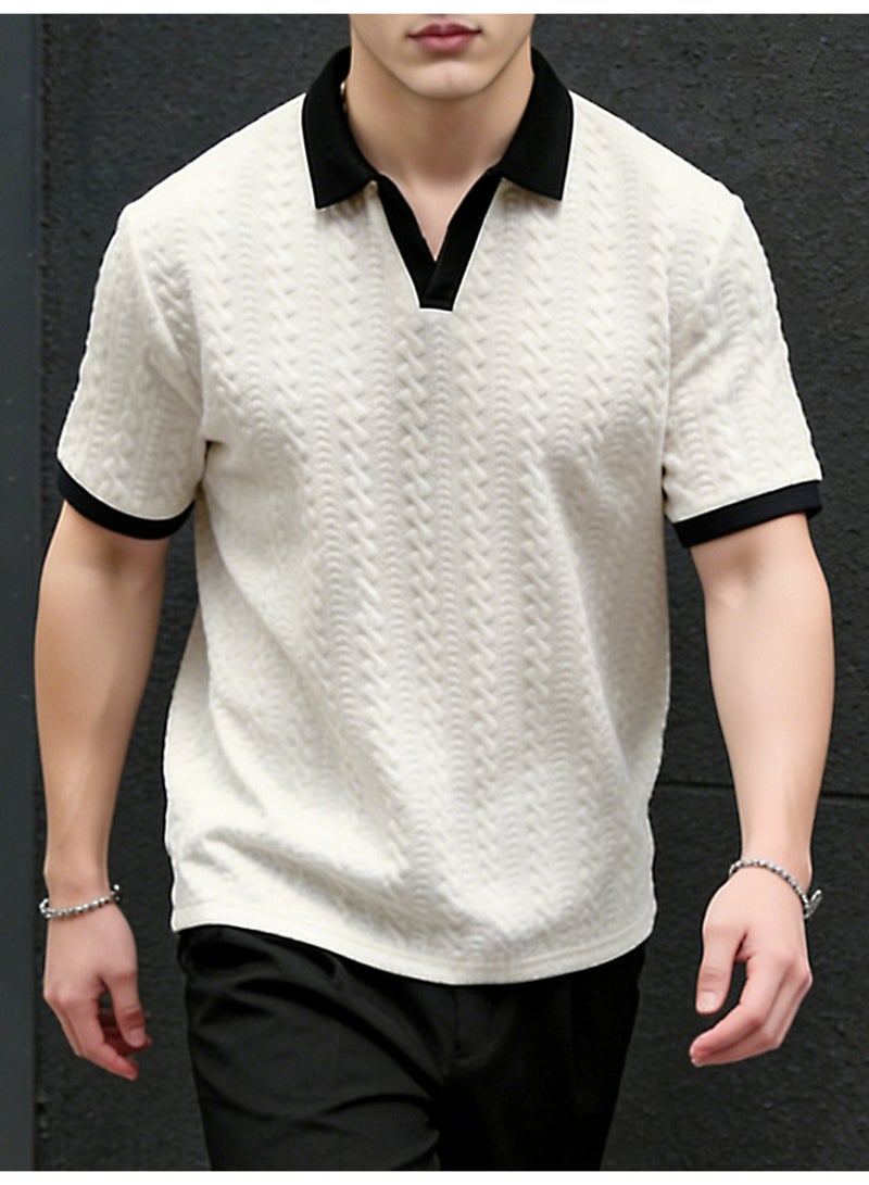 Men's White Textured Knit Polo Shirt Short Sleeve Contrast V-Neck Collar Casual Top - Image 2