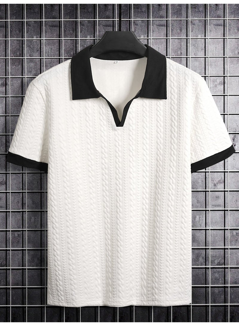 Men's White Textured Knit Polo Shirt Short Sleeve Contrast V-Neck Collar Casual Top - Image 4