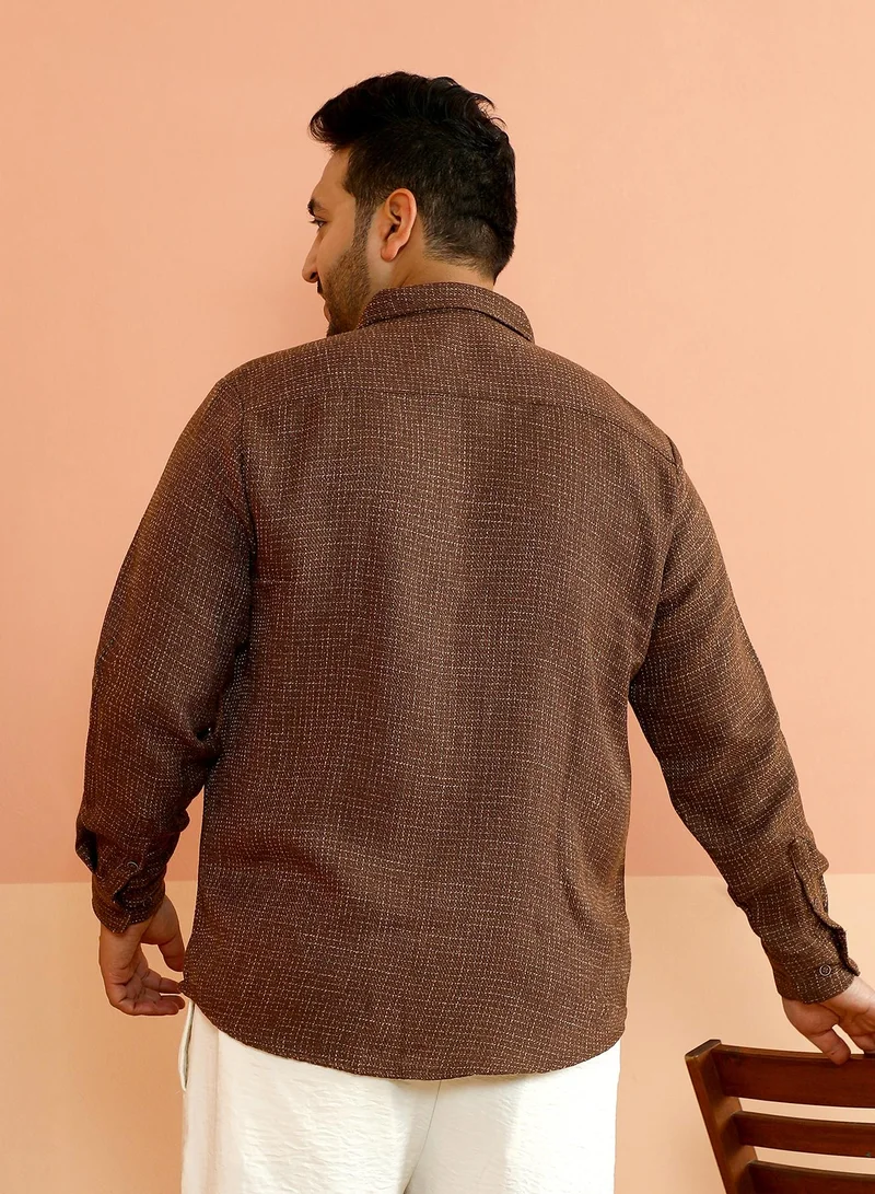 Instafab Plus  Instafab Plus Men's Chocolate Brown Contrast-Woven Grid Shirt For Casual Wear | Spread Collar | Long Cuffed Sleeves | Button Closure | Plus Size Shirt Crafted With Comfort Fit For Everyday Wear for Men | Best Price UAE