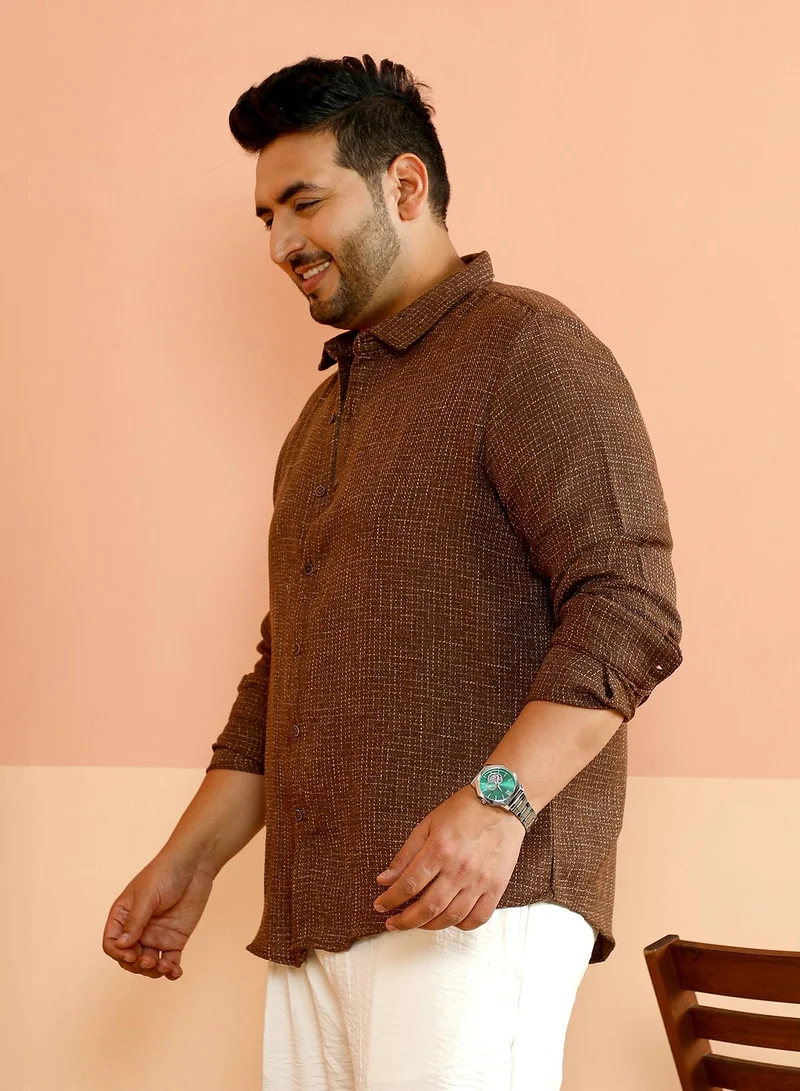 Instafab Plus  Instafab Plus Men's Chocolate Brown Contrast-Woven Grid Shirt For Casual Wear | Spread Collar | Long Cuffed Sleeves | Button Closure | Plus Size Shirt Crafted With Comfort Fit For Everyday Wear for Men | Best Price UAE