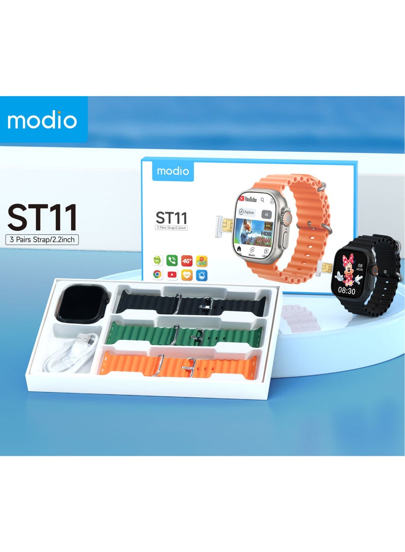 modio ST11 Smart Watch 2.2 Inch Full Screen Display with 4G SIM Card Support, 3 Interchangeable Straps & Wireless Charger – Stylish and Functional Smartwatch for Ladies & Gents, Black - Image 3