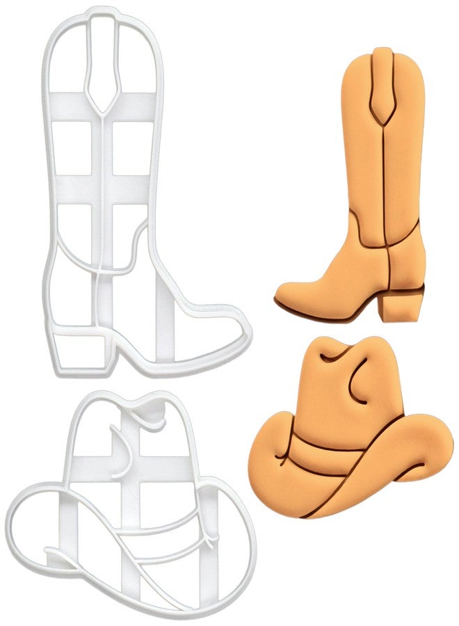 BAKERLOGY Set of 2 Cowboy Hat and Boot Cookie Cutters - Detailed Biscuit Cutter Design for Baking and Crafts, ideal on fondant, dough, clay - Image 1