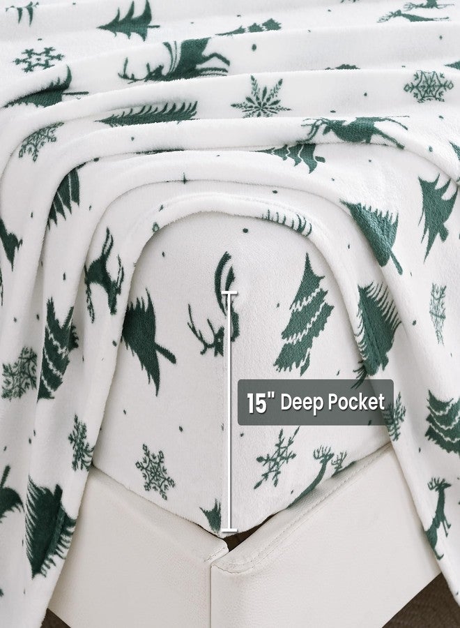 Viviland Micro Fleece Full Bed Sheet Set, Fuzzy Christmas Holiday Polar Fleece Fitted Sheets with 15" Deep Pocket, Warm Winter Sheets & Pillowcase Set, Green Deer Snowflake Printed Pattern - Image 2