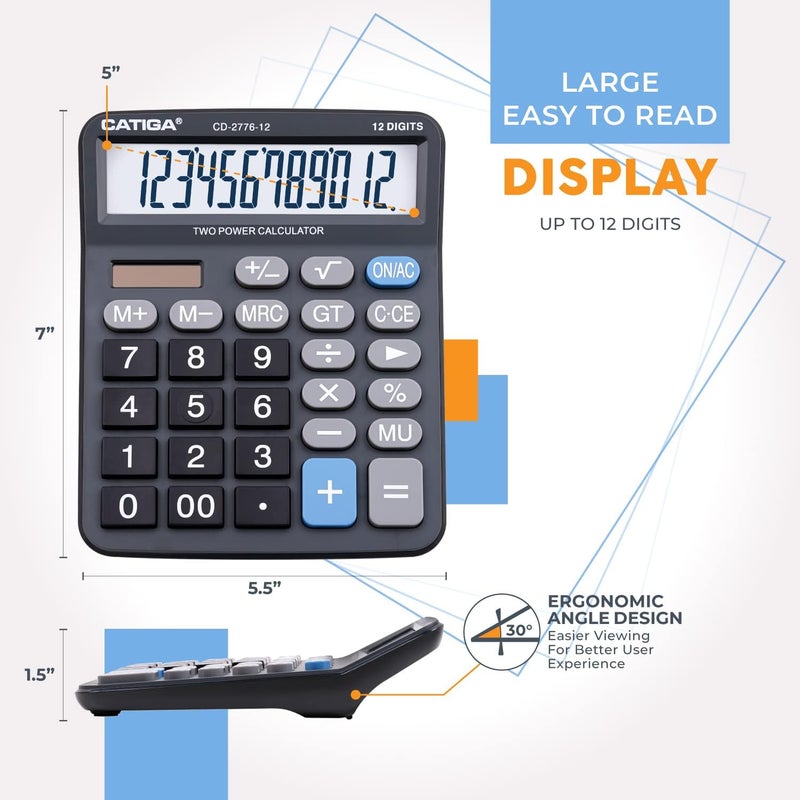 CATIGA Premium Commercial 12-Digit Large Desktop Calculator with Huge 5-Inch LCD Display Screen, Giant Responsive Buttons, Battery and Solar Powered, Perfect for Home/Office Accounting Finance Use, CD-2776 - Image 3