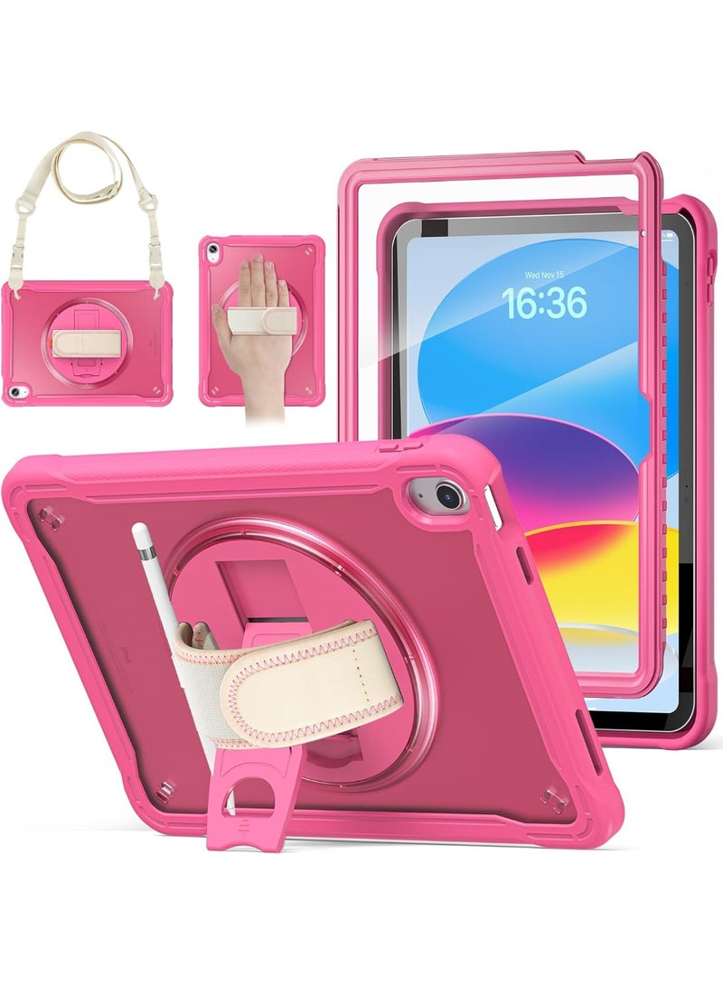 case for iPad (A16) 11th/10th Generation 11/10.9 inch 2025/2022,Rugged Shockproof Protective Cover with 360° Rotating Hand Strap/Stand,Screen Protector,Pencil Holder, pen, Pink - Image 1