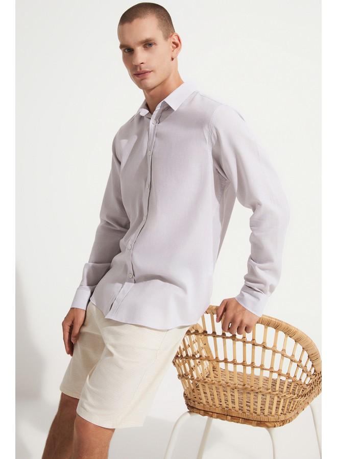 جون قميص رجالي بأكمام طويلة بقصة عادية، نسيج رمادي وأبيض - Image 4