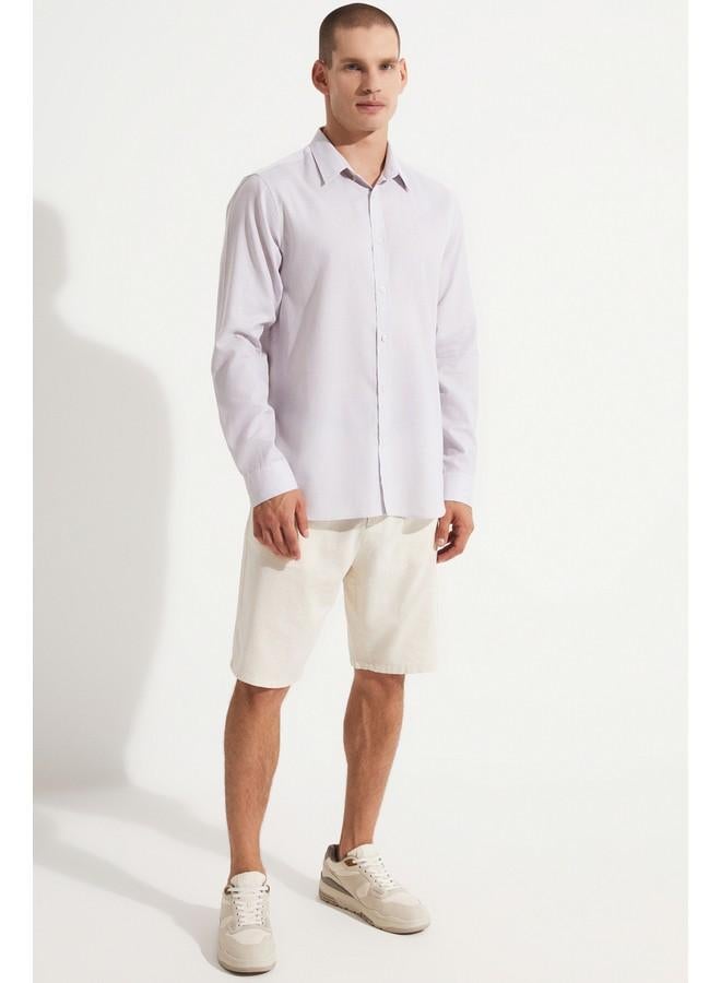 جون قميص رجالي بأكمام طويلة بقصة عادية، نسيج رمادي وأبيض - Image 3