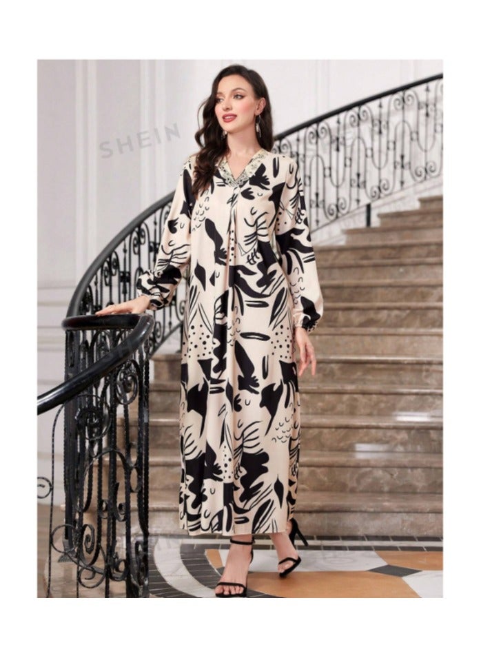 بونكا فستان طباعة شامل بياقة V أكمام فانوس - Image 1