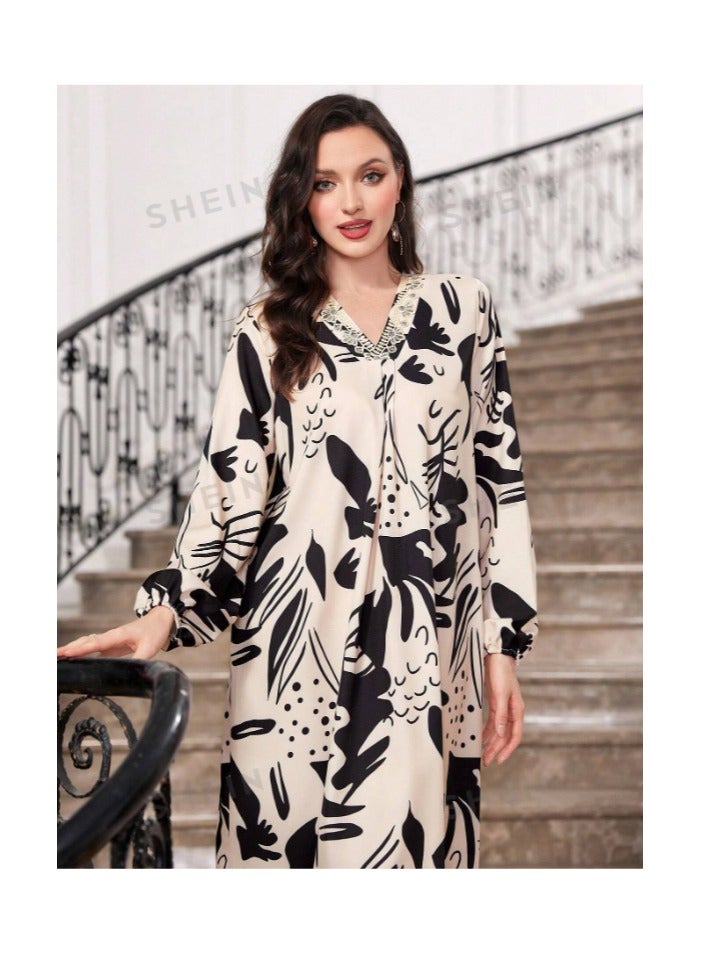 بونكا فستان طباعة شامل بياقة V أكمام فانوس - Image 4