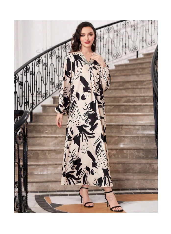 بونكا فستان طباعة شامل بياقة V أكمام فانوس - Image 3