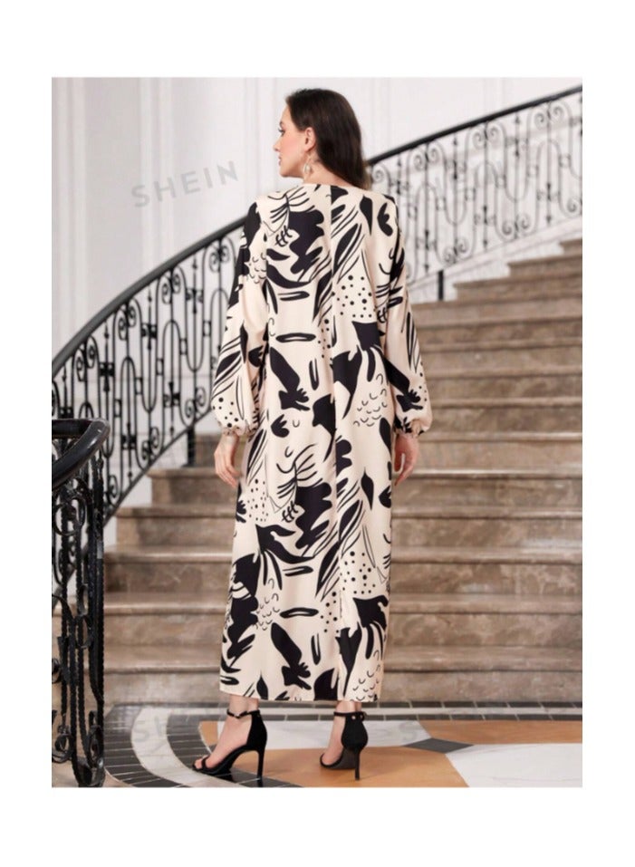 بونكا فستان طباعة شامل بياقة V أكمام فانوس - Image 2